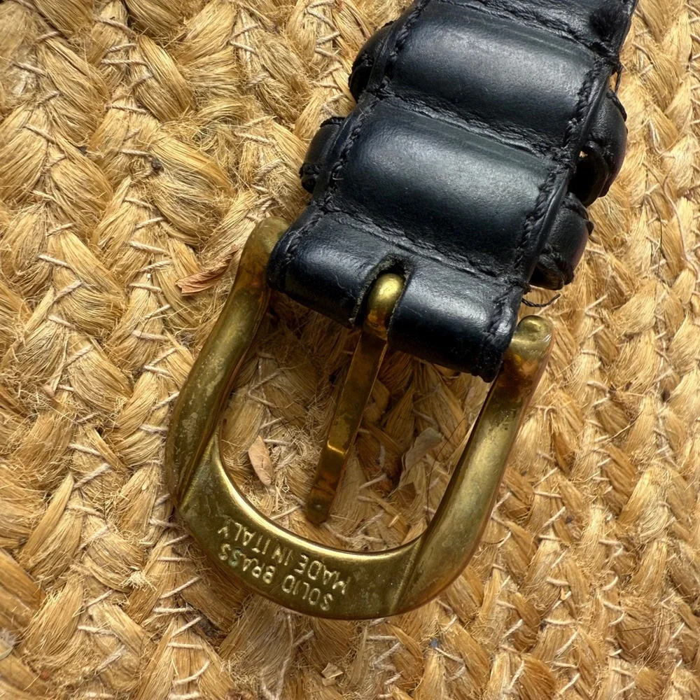 Timberland Black Leather Belt Solid Brass Buckle Made in Italy Logo Size 36